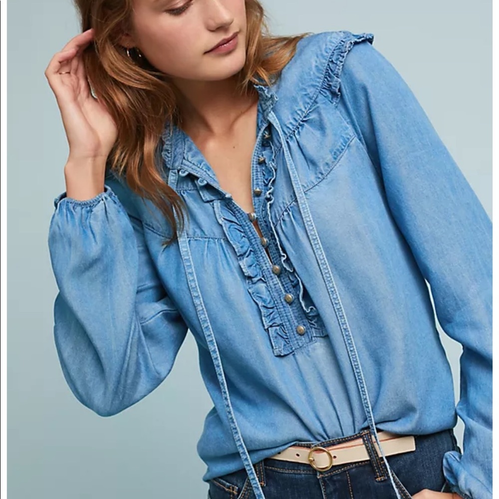 NWT Anthropologie Maeve Ruffle Chambray Top size L